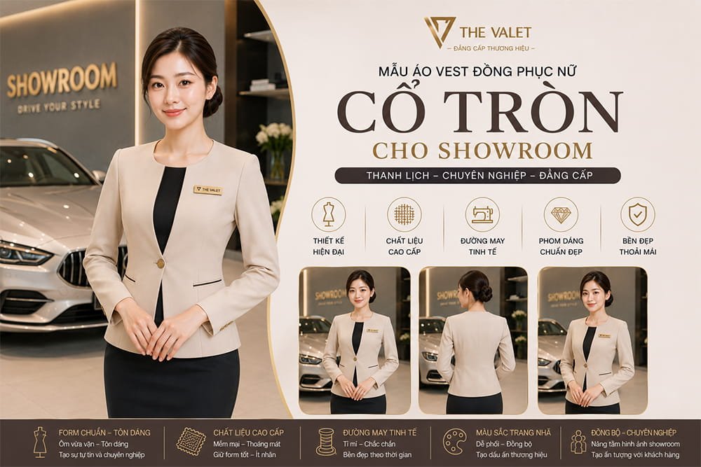 Mẫu áo vest đồng phục nữ cổ tròn cho showroom