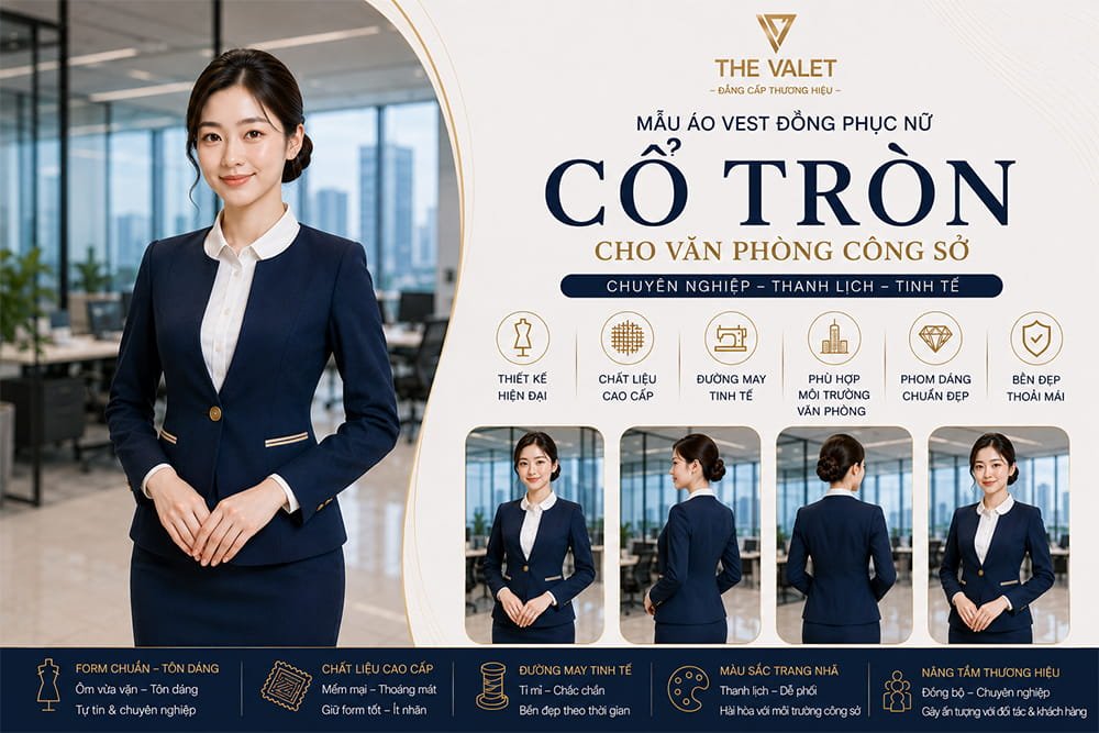 Mẫu áo vest đồng phục nữ cổ tròn cho văn phòng công sở