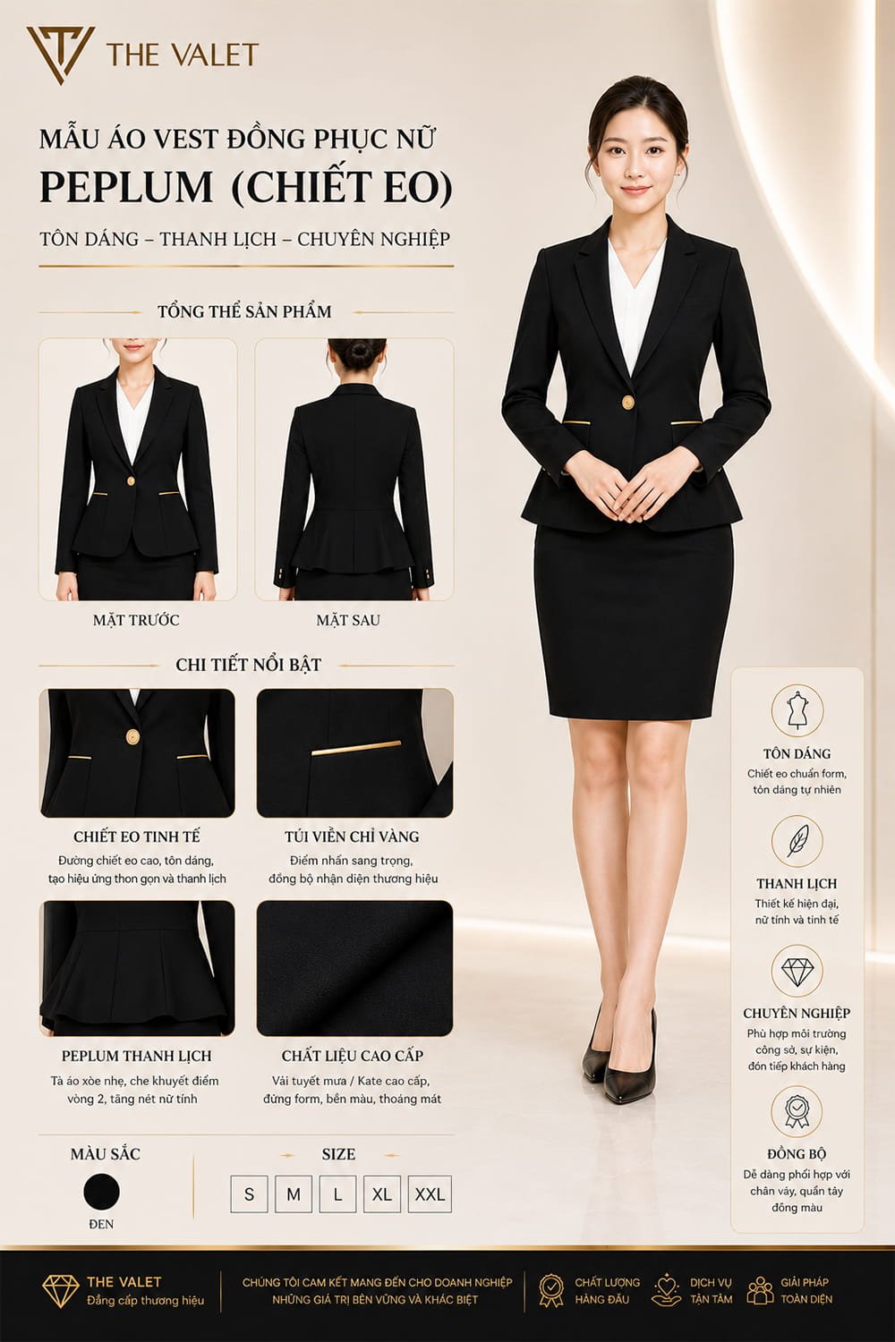 Mẫu áo vest đồng phục nữ peplum (chiết eo) màu đen