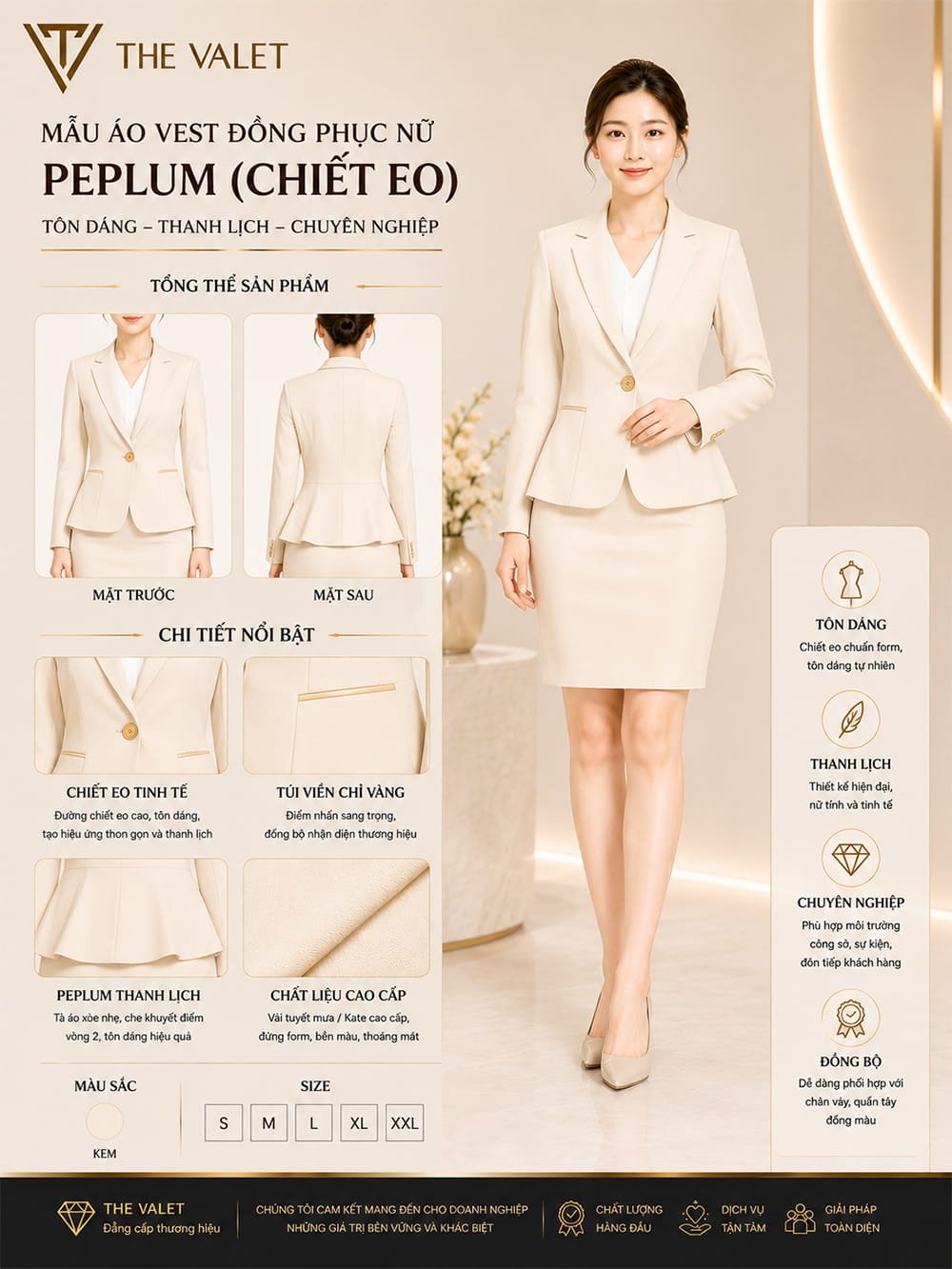 Mẫu áo vest đồng phục nữ peplum (chiết eo) màu kem