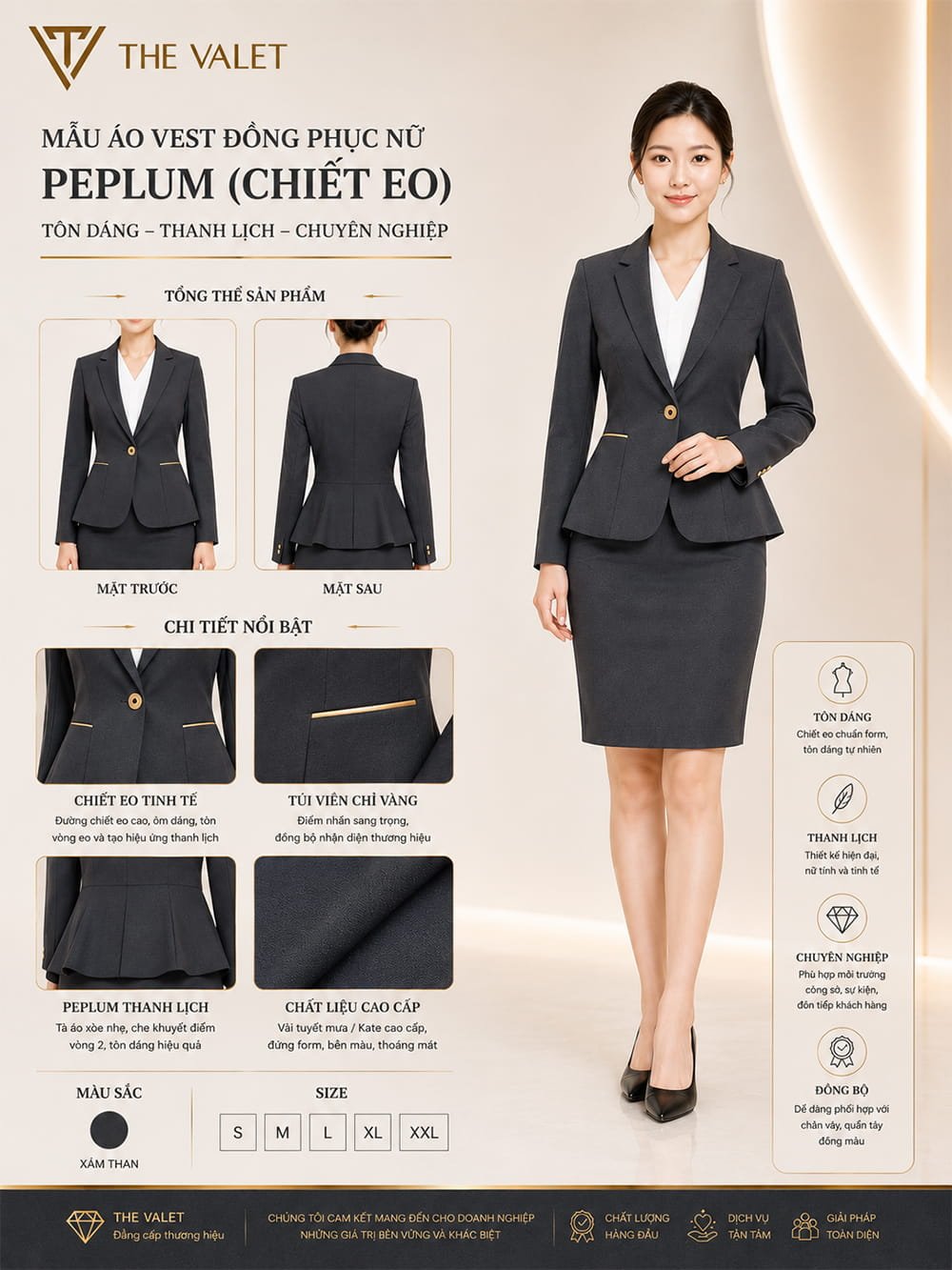 Mẫu áo vest đồng phục nữ peplum (chiết eo) màu xám than
