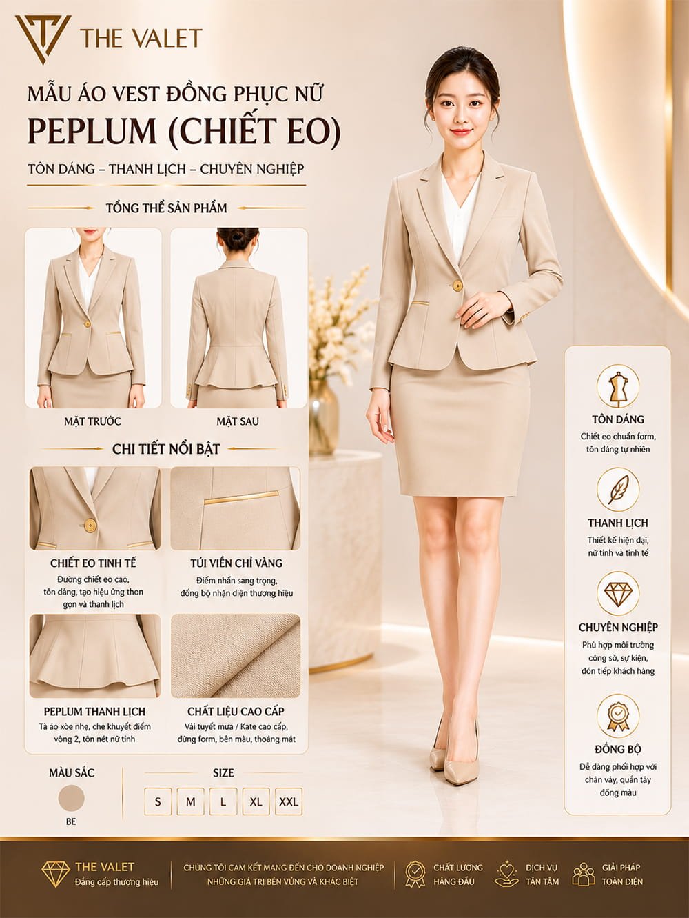 Mẫu áo vest đồng phục nữ peplum (chiết eo) màu xanh be