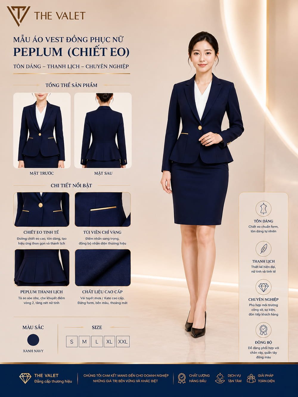 Mẫu áo vest đồng phục nữ peplum (chiết eo) màu xanh navy