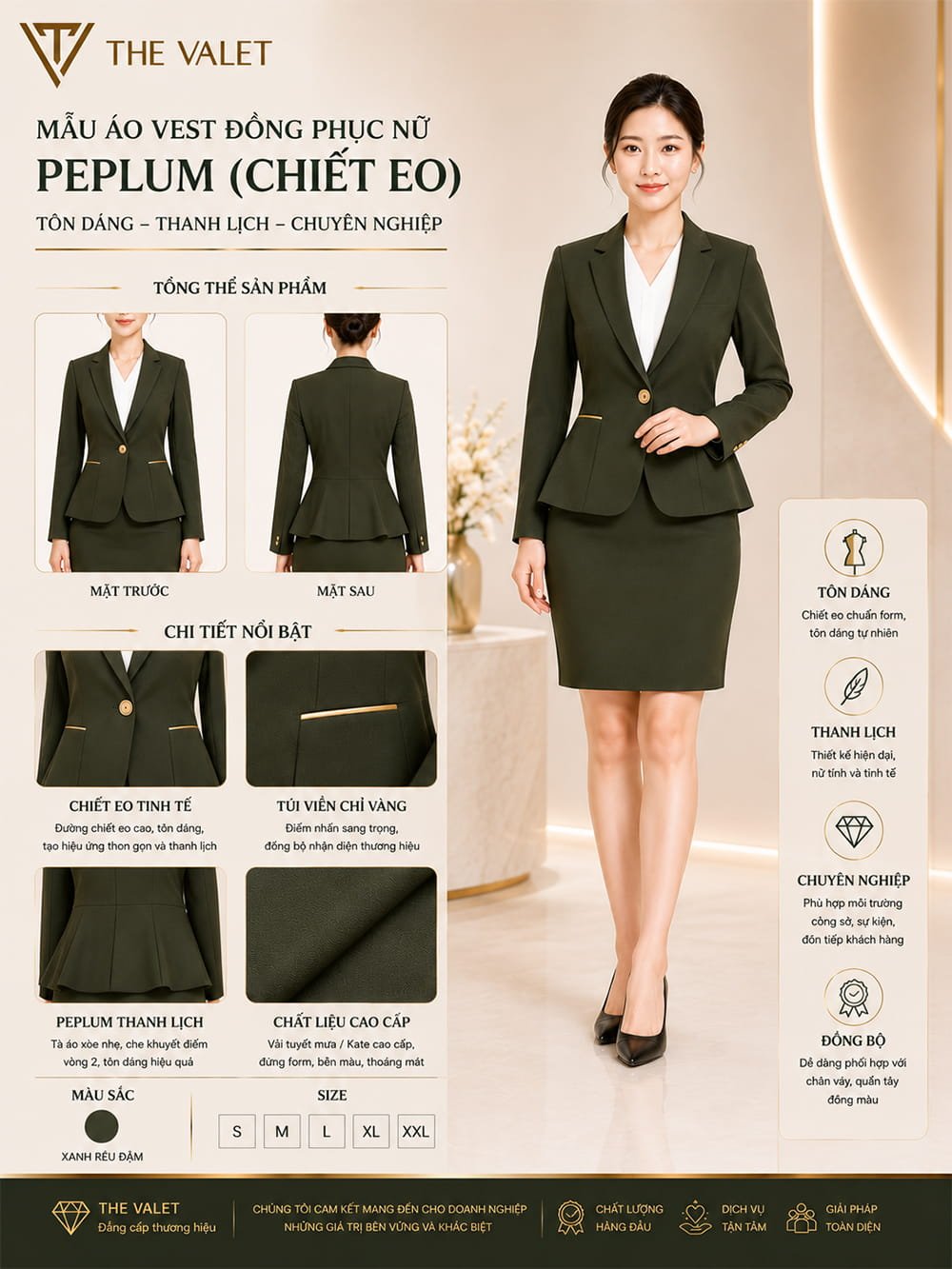 Mẫu áo vest đồng phục nữ peplum (chiết eo) màu xanh rêu đậm