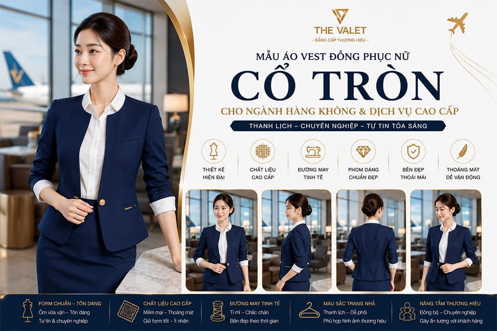 Mẫu thiết kế áo vest đồng phục nữ cổ tròn cho ngành hàng không