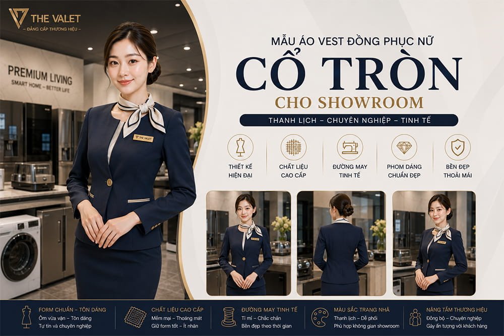 Mẫu thiết kế áo vest đồng phục nữ cổ tròn cho showroom tại The Valet