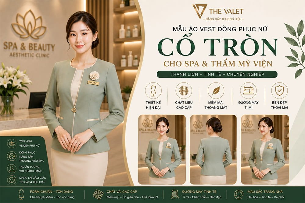 Mẫu thiết kế áo vest đồng phục nữ cổ tròn cho spa và thẩm mỹ viện