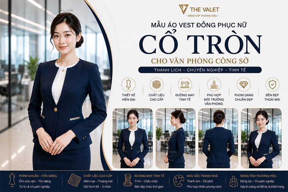 Mẫu thiết kế áo vest đồng phục nữ cổ tròn cho văn phòng công sở