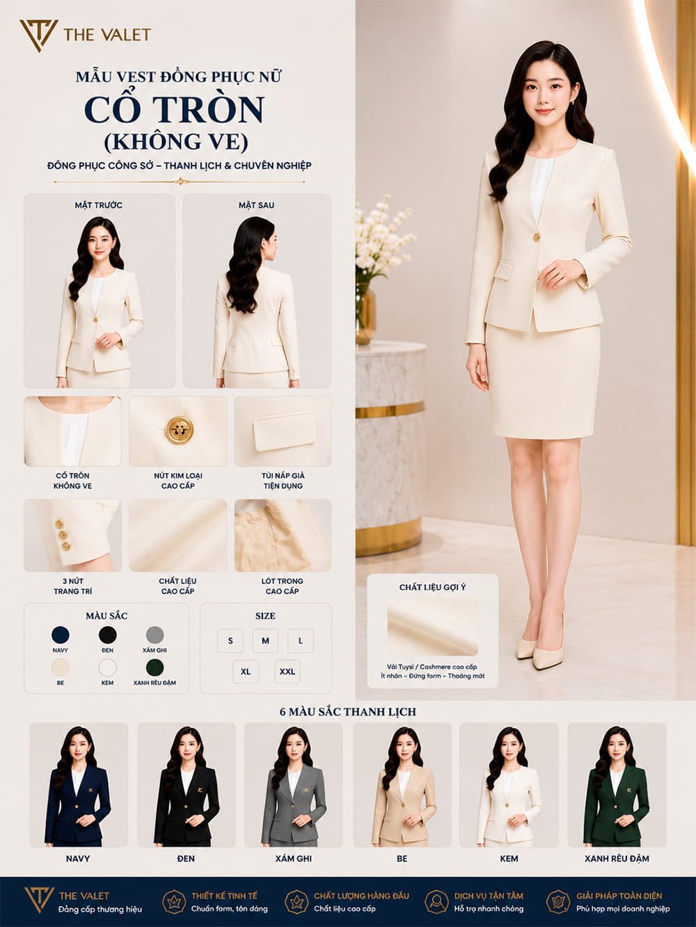 Mẫu vest đồng phục nữ cổ tròn không ve