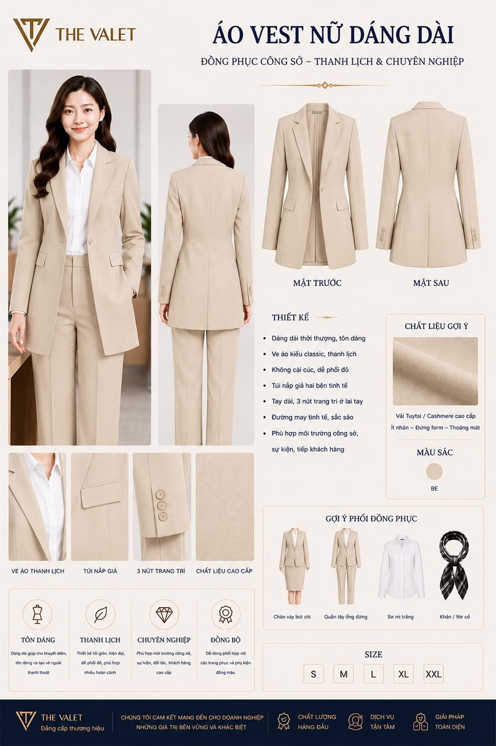 Mẫu vest đồng phục nữ dáng dài màu be