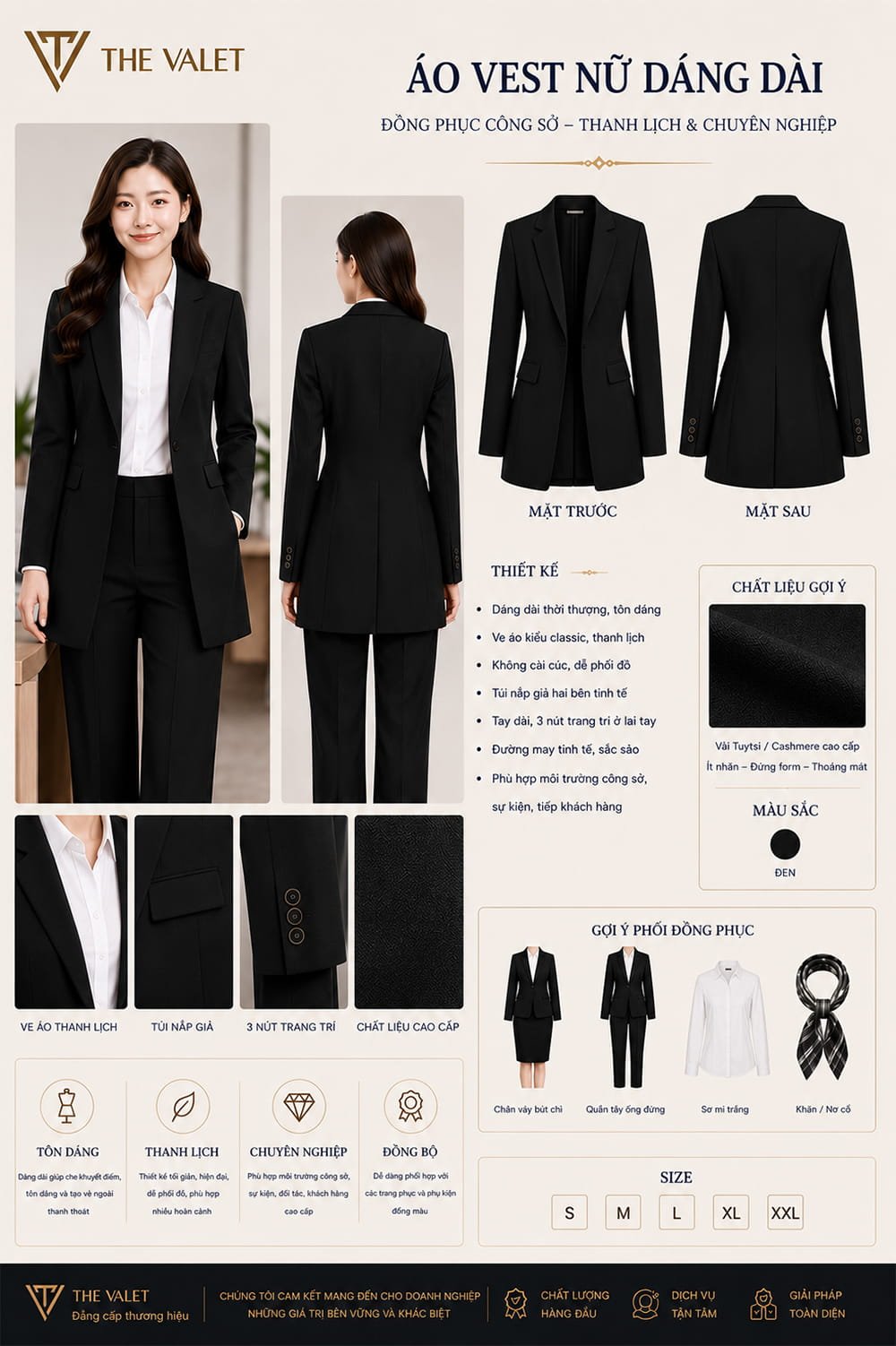 Mẫu vest đồng phục nữ dáng dài màu đen