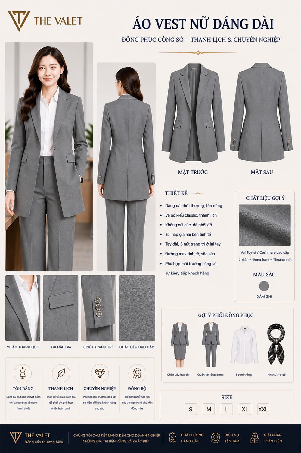 Mẫu vest đồng phục nữ dáng dài màu ghi xám