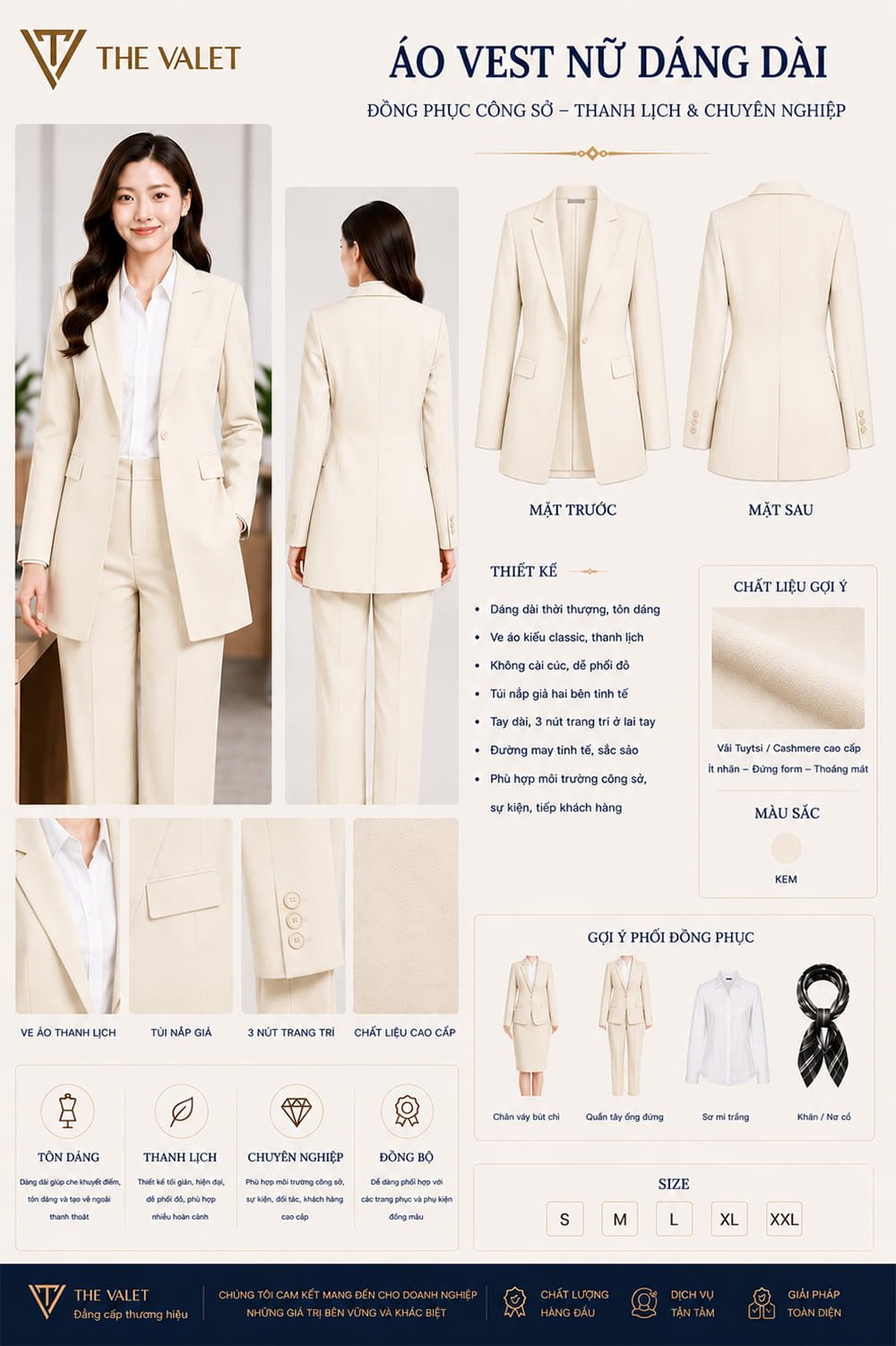 Mẫu vest đồng phục nữ dáng dài màu kem