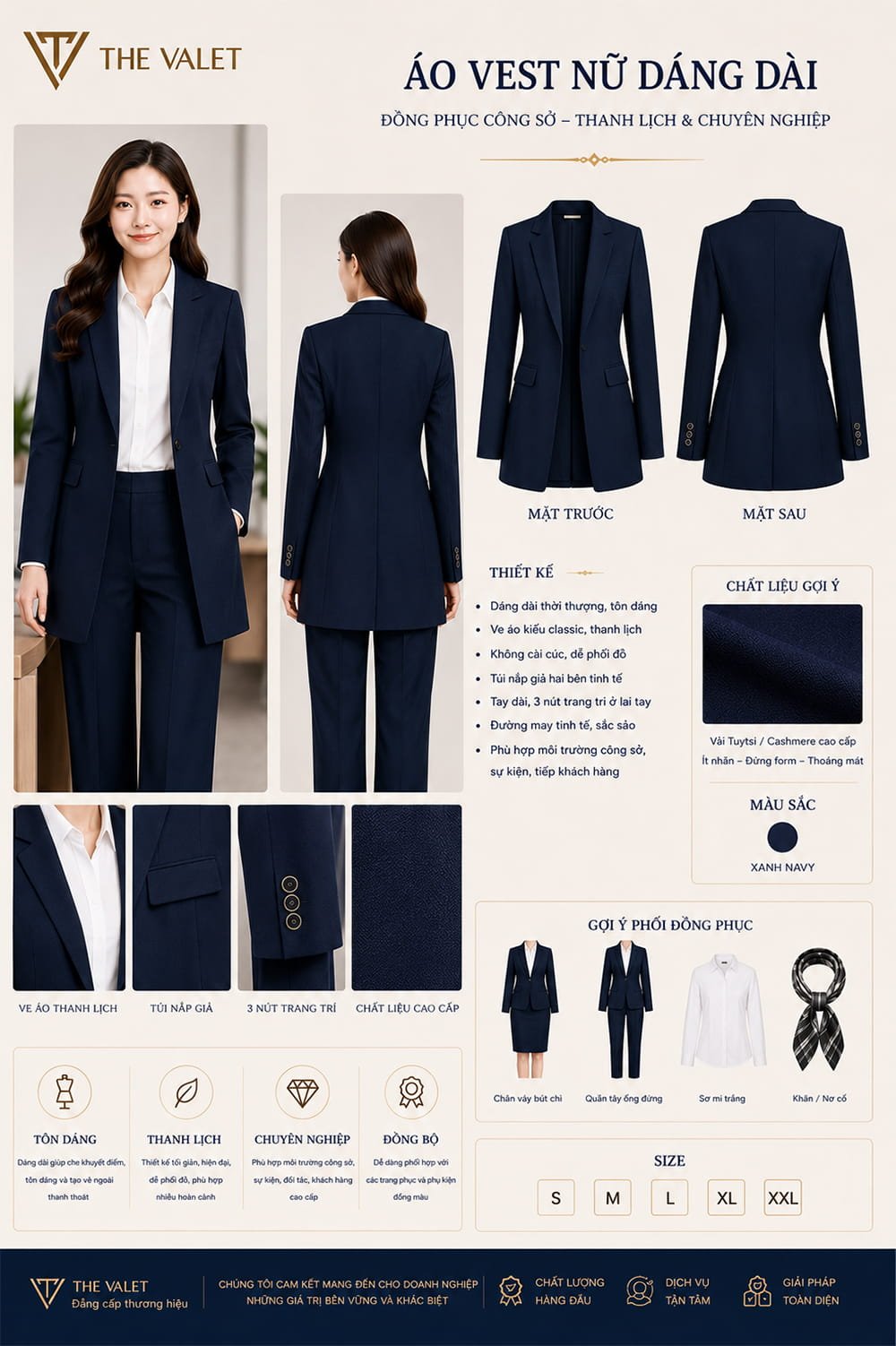 Mẫu vest đồng phục nữ dáng dài màu xanh navy