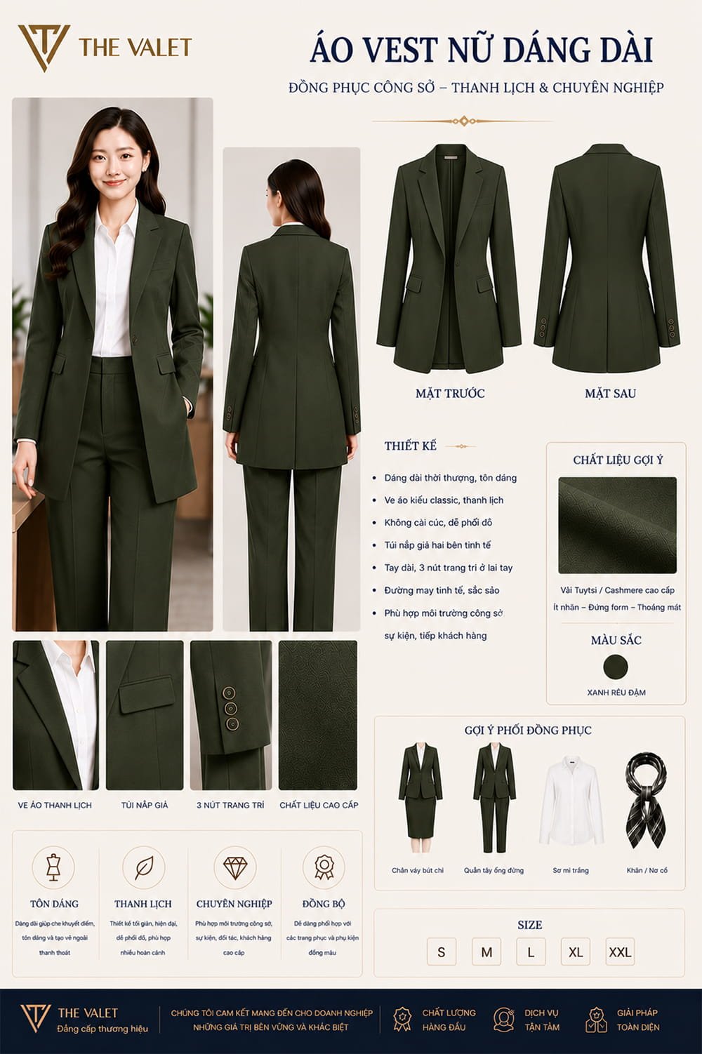 Mẫu vest đồng phục nữ dáng dài màu xanh râu đậm
