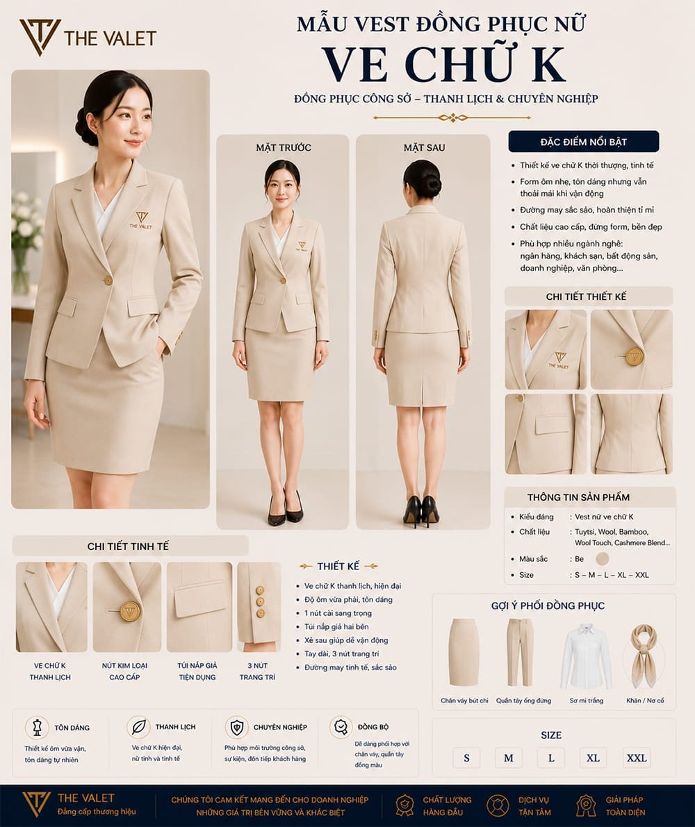 Mẫu vest đồng phục nữ ve chữ K màu be