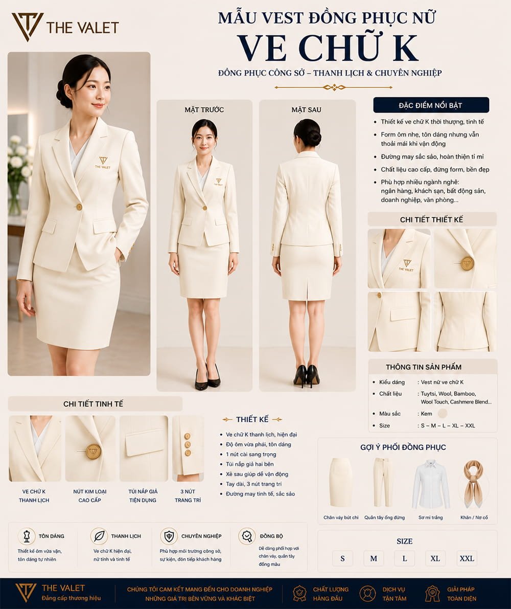 Mẫu vest đồng phục nữ ve chữ K màu kem