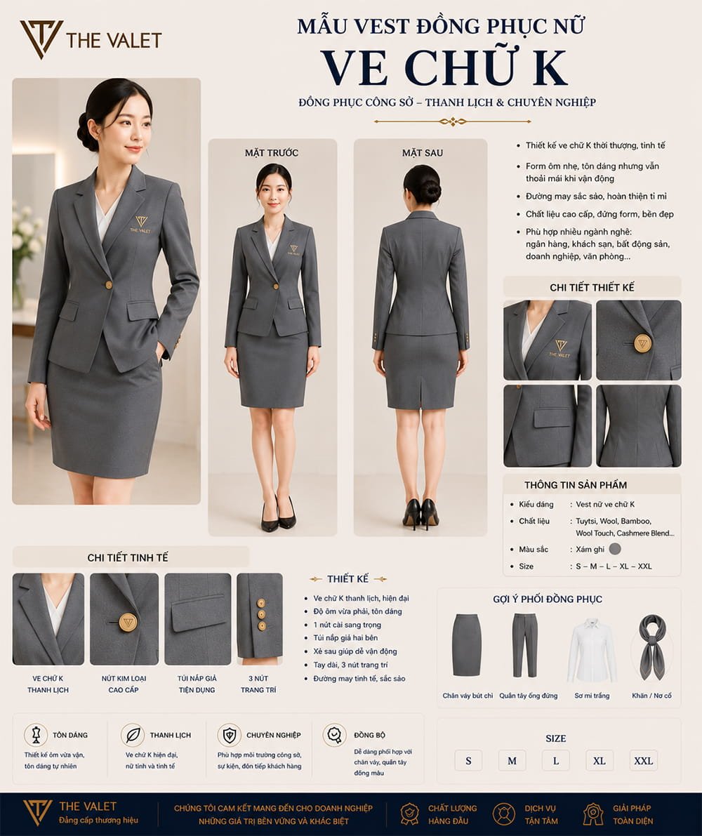 Mẫu vest đồng phục nữ ve chữ K màu xám ghi