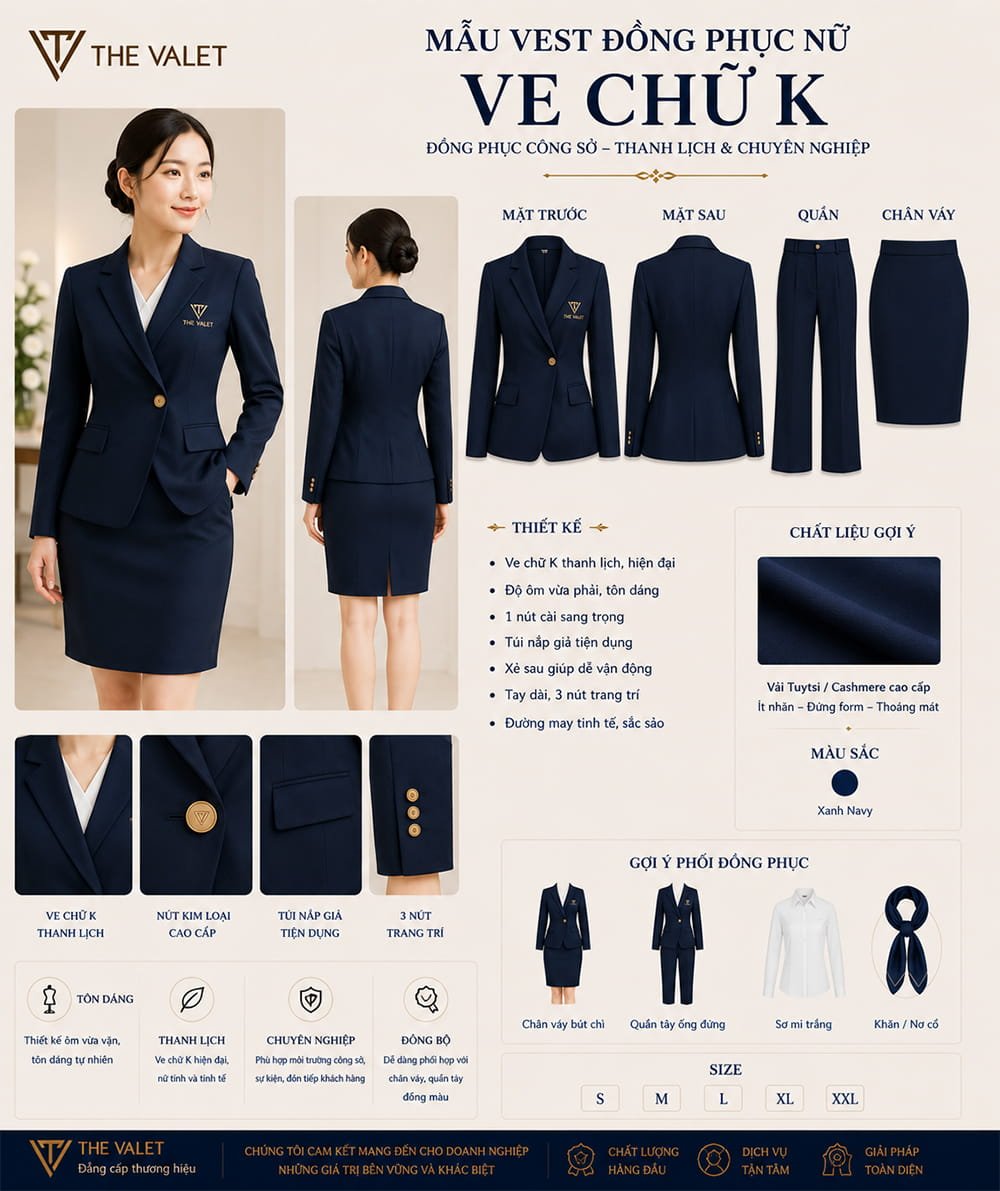 Mẫu vest đồng phục nữ ve chữ K màu xanh Navy