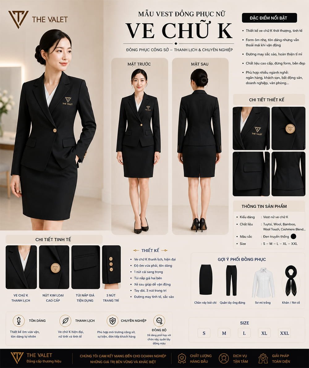 Mẫu vest đồng phục nữ ve chữ K màu xanh đen truyền thống