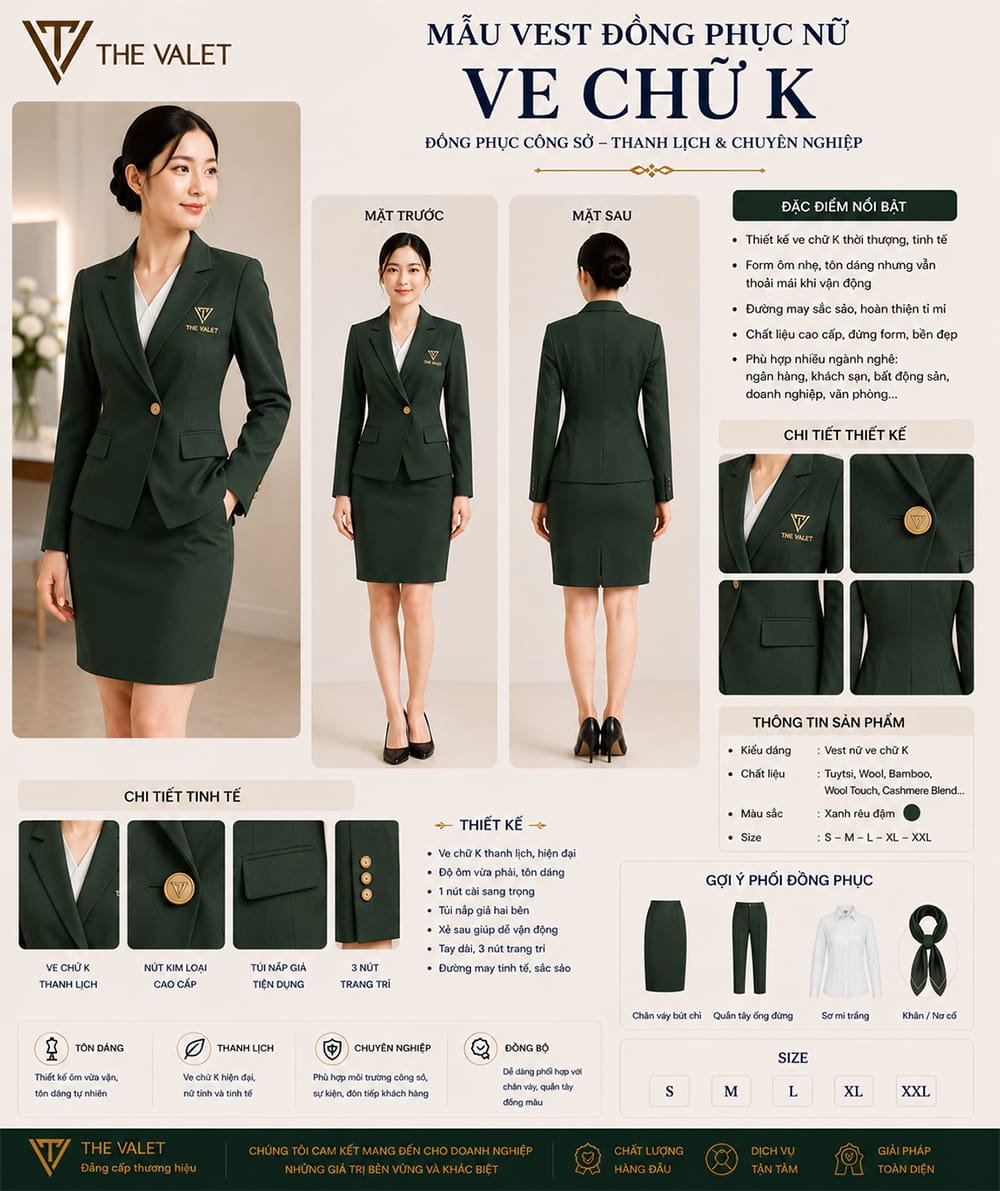Mẫu vest đồng phục nữ ve chữ K màu xanh rêu đậm