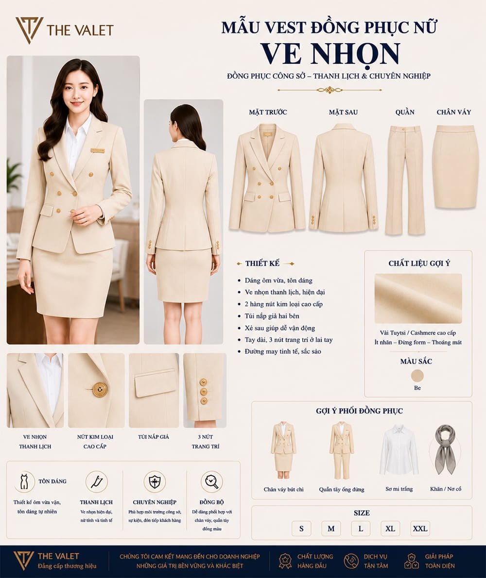 Mẫu vest đồng phục nữ ve nhọn màu be