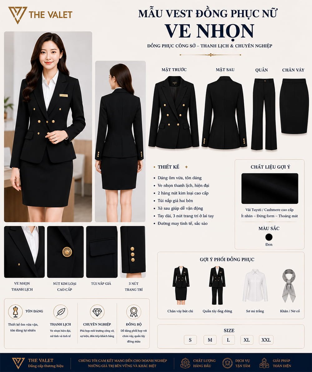 Mẫu vest đồng phục nữ ve nhọn màu đen truyền thống