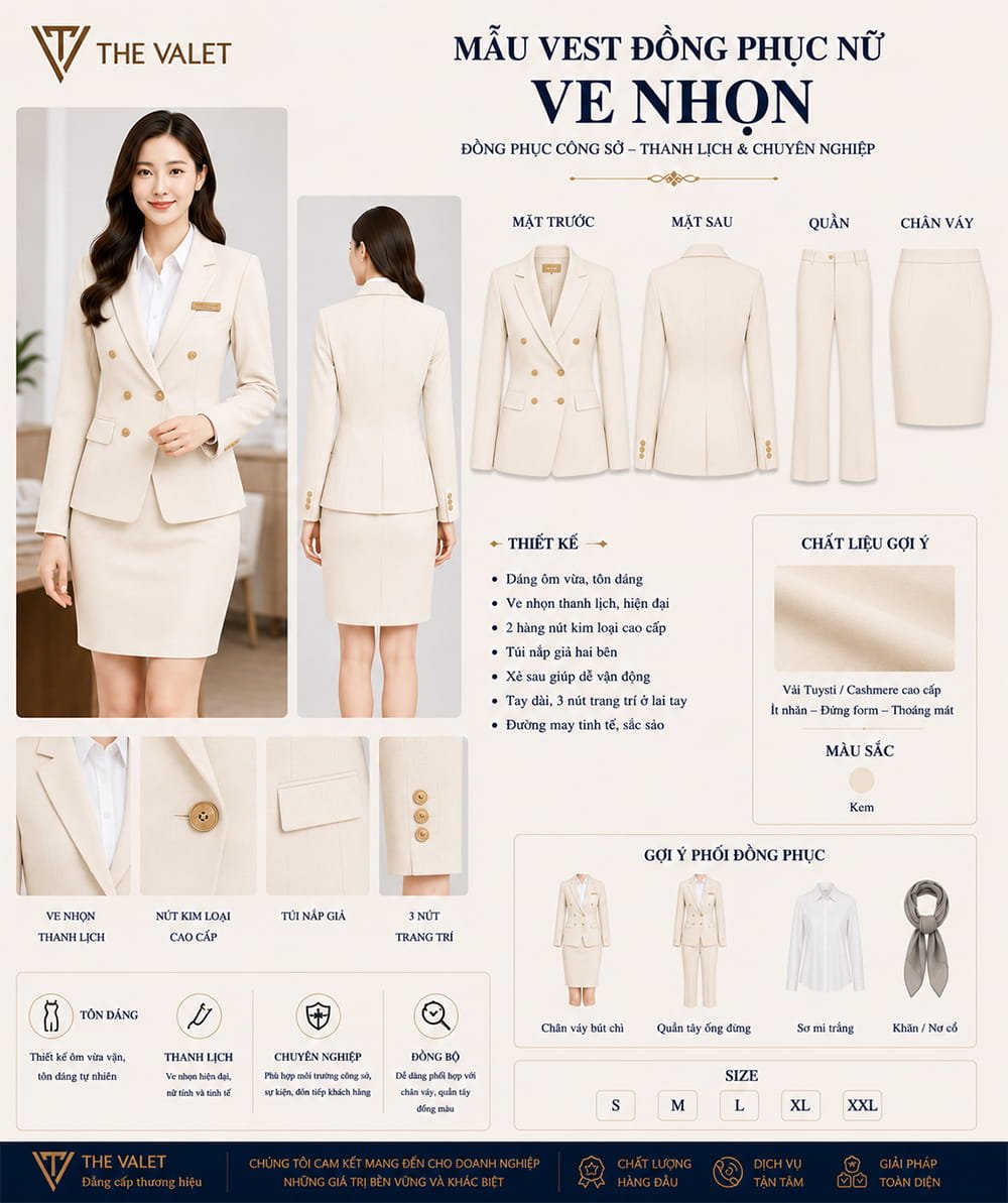 Mẫu vest đồng phục nữ ve nhọn màu kem