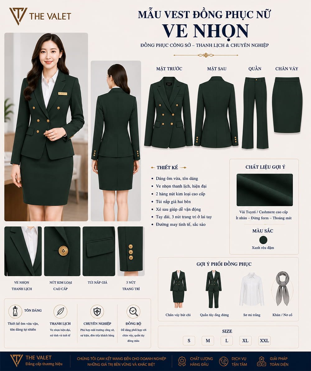 Mẫu vest đồng phục nữ ve nhọn màu râu đậm