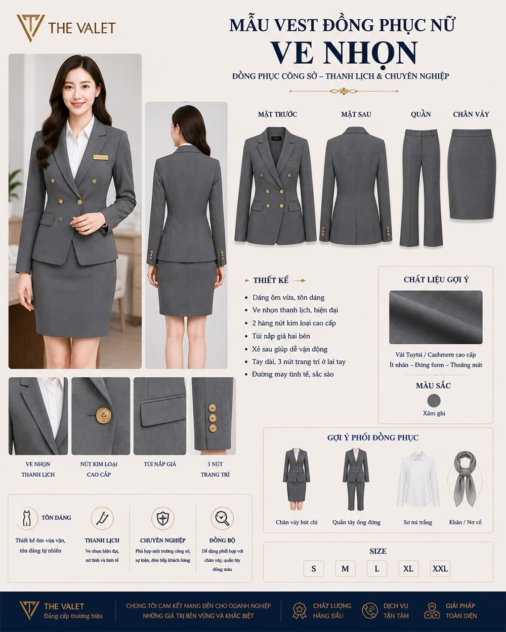 Mẫu vest đồng phục nữ ve nhọn màu xám ghi