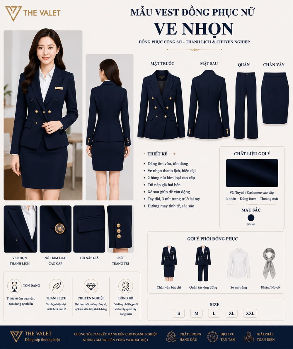 Mẫu vest đồng phục nữ ve nhọn màu xanh Navy